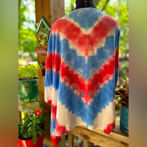 Tie Dye Red White Blue Boho Hippie Loose Flowy Open Front Kimono Duster Cover M - Picture 6 of 8